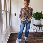 Thin, silky leopard print long blouse/dress with black button front , long sleeves, collar and shimmer detail throughout.