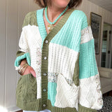 Woven knit button down cardigan with color block patchwork in either mint and green or yellow and taupe.