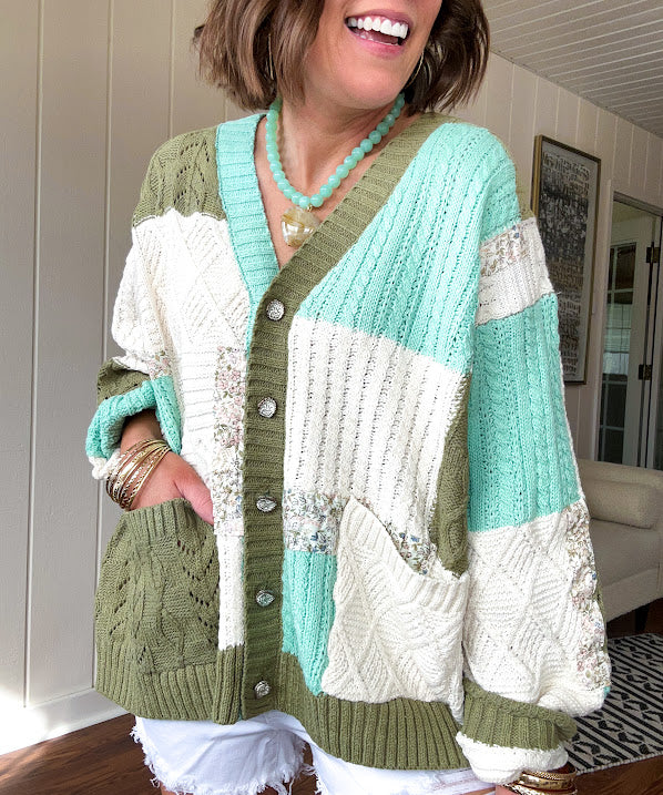 Woven knit button down cardigan with color block patchwork in either mint and green or yellow and taupe.