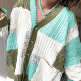 Woven knit button down cardigan with color block patchwork in either mint and green or yellow and taupe.