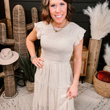 Beige Smocked Tiered Midi Dress