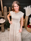 Beige Smocked Tiered Midi Dress
