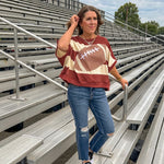 Red brown and cream striped sweatshirt with oversized dolman cut, short sleeves and a gingham football applique trimmed in cream lace.