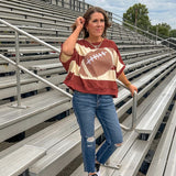 Red brown and cream striped sweatshirt with oversized dolman cut, short sleeves and a gingham football applique trimmed in cream lace.