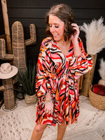 Pink Mix Wavy Print Cinch Waist Dress