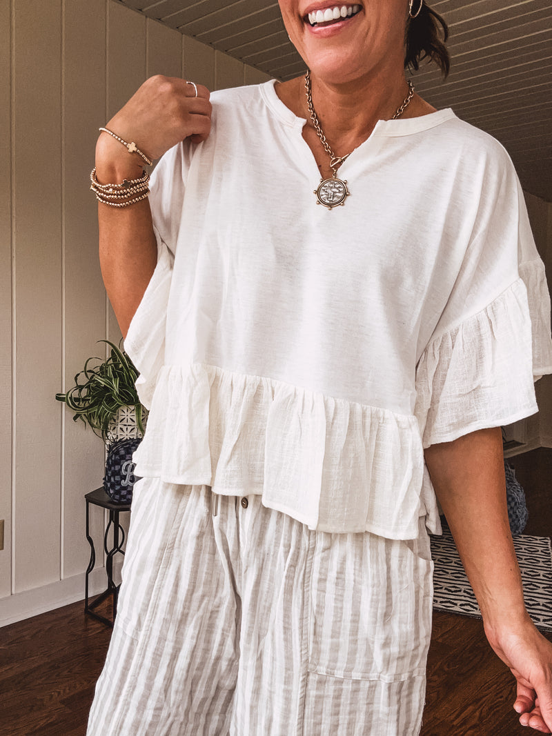 Off White Ruffle Hem Crop Pullover