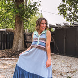 Blue Washed Fabric Mixed Sleeveless Maxi