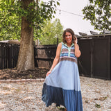 Blue Washed Fabric Mixed Sleeveless Maxi