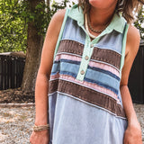Blue Washed Fabric Mixed Sleeveless Maxi