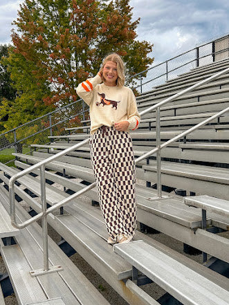 Cream lightweight long sleeved sweater with Weiner Dog graphic on front with orange stripes at the sleeves.