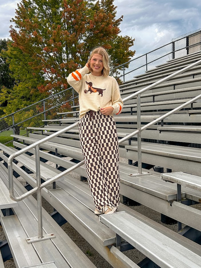 Cream lightweight long sleeved sweater with Weiner Dog graphic on front with orange stripes at the sleeves.