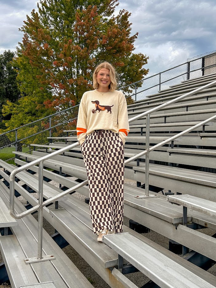 Cream lightweight long sleeved sweater with Weiner Dog graphic on front with orange stripes at the sleeves.