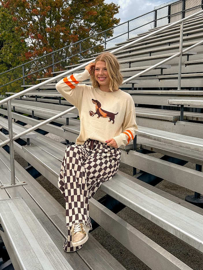 Cream lightweight long sleeved sweater with Weiner Dog graphic on front with orange stripes at the sleeves.