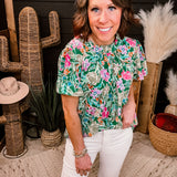 Kelly Green Floral Flutter Sleeve Blouse
