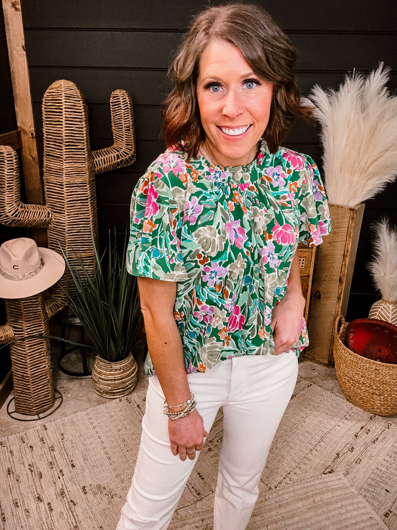 Kelly Green Floral Flutter Sleeve Blouse