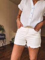 White High Rise Fray Hem Shorts