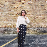 Black + Cream Dot Satin Midi Skirt