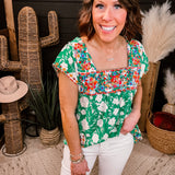 Kelly Green Square Neckline Embroidered Top