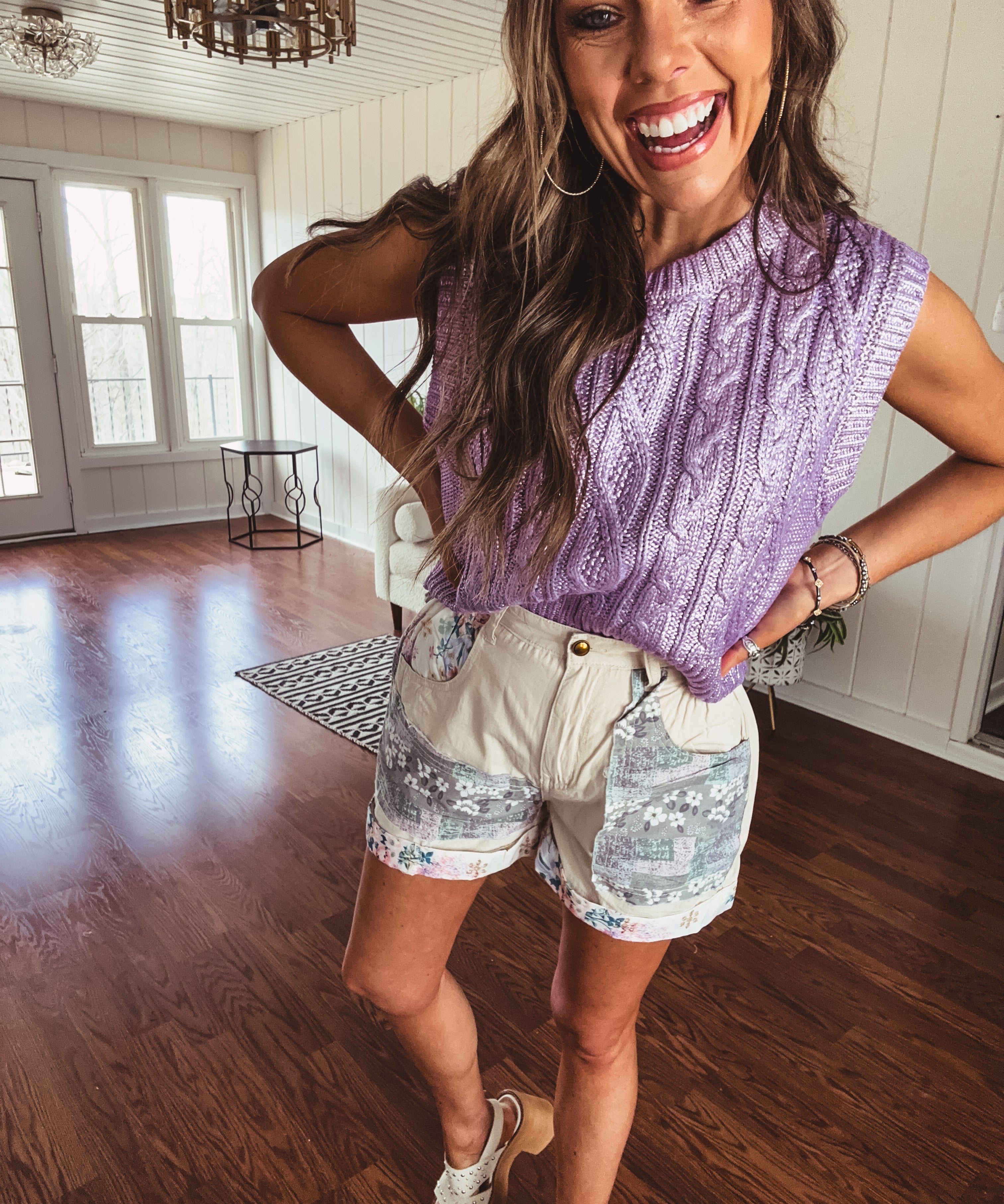 Cable knit metallic cropped sweater vest.