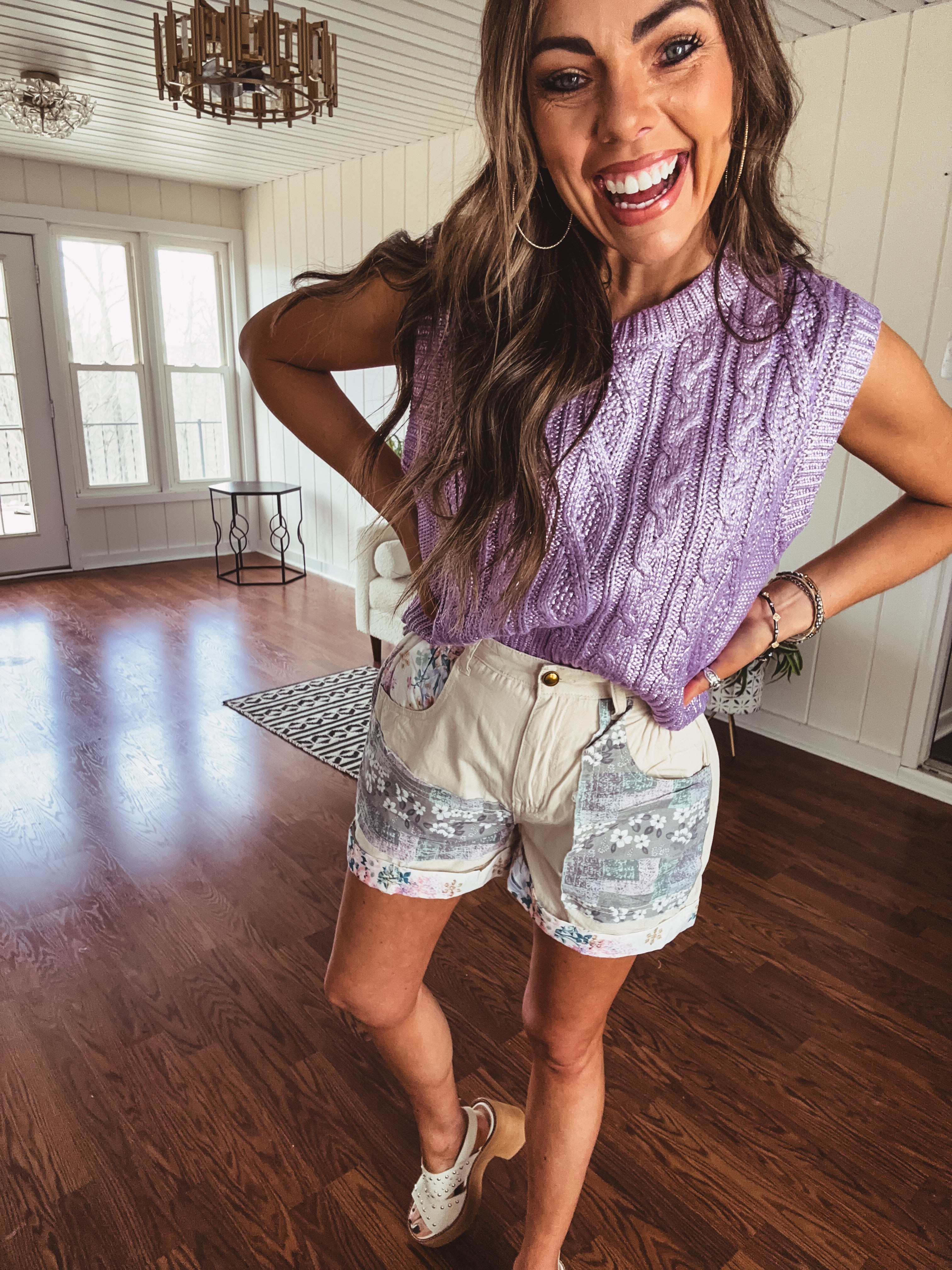 Cable knit metallic cropped sweater vest.