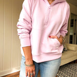 Modal soft 1/4 zip hoodie with kangaroo pocket and thumb holes in the cuffs.