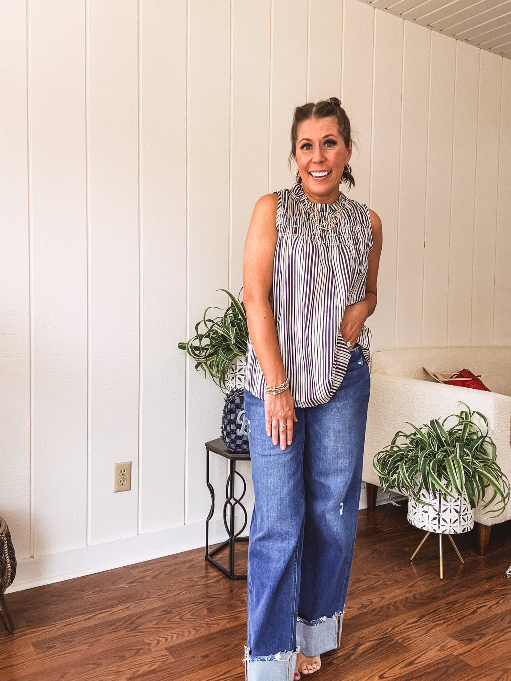 Navy + White Stripe Ruched Yoke Tank Blouse