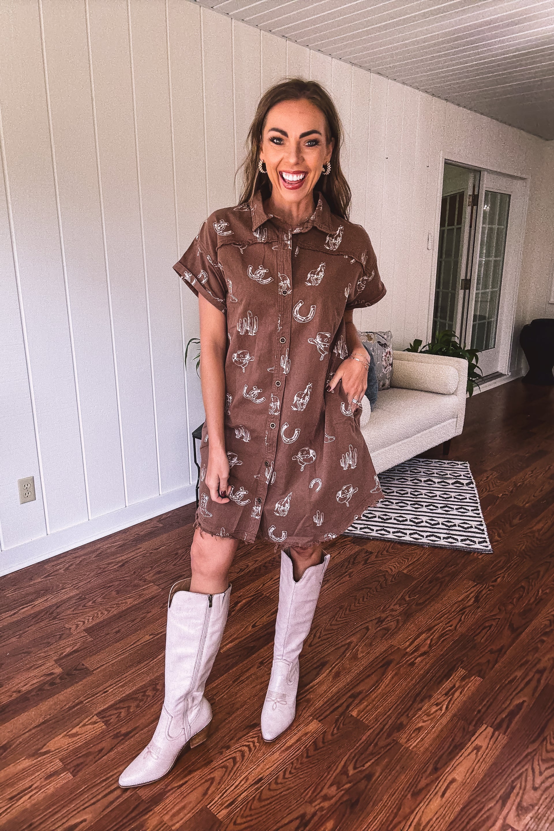 cowboy shirt dress Coffee Western Print – The Red Raccoon and that perfectly worn SP1568,Off the shoulder red BFCM2022-WOMENS Color:Floral Graphite