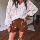 Brown Embroidered Pocket Shorts
