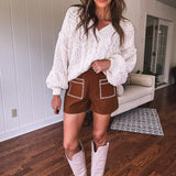 Brown Embroidered Pocket Shorts