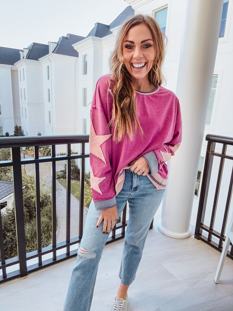 Orchid Star Patch Sleeve Mineral Wash Pullover