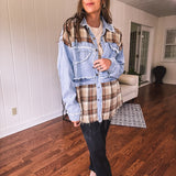 Denim + Brown Plaid Mix Shacket