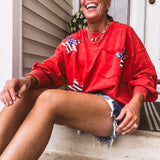 Red Flag Star Sequin Patch Top Slouchy Sleeve