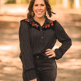 Black + White Stripe Button Front with Velvet Embroidery