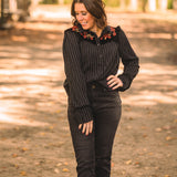 Black + White Stripe Button Front with Velvet Embroidery