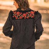 Black + White Stripe Button Front with Velvet Embroidery