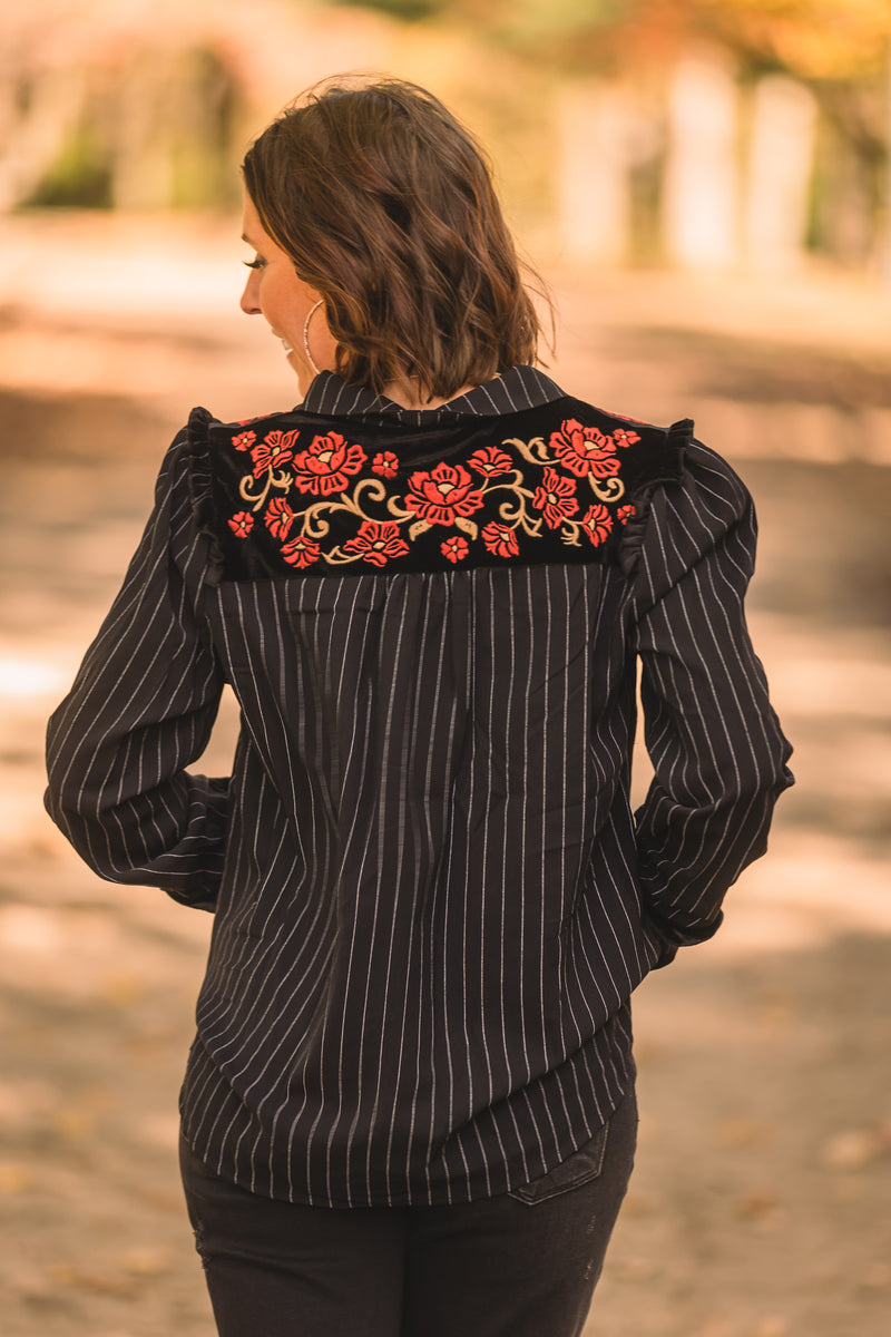 Black + White Stripe Button Front with Velvet Embroidery