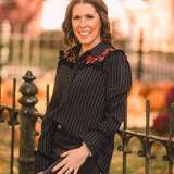 Black + White Stripe Button Front with Velvet Embroidery