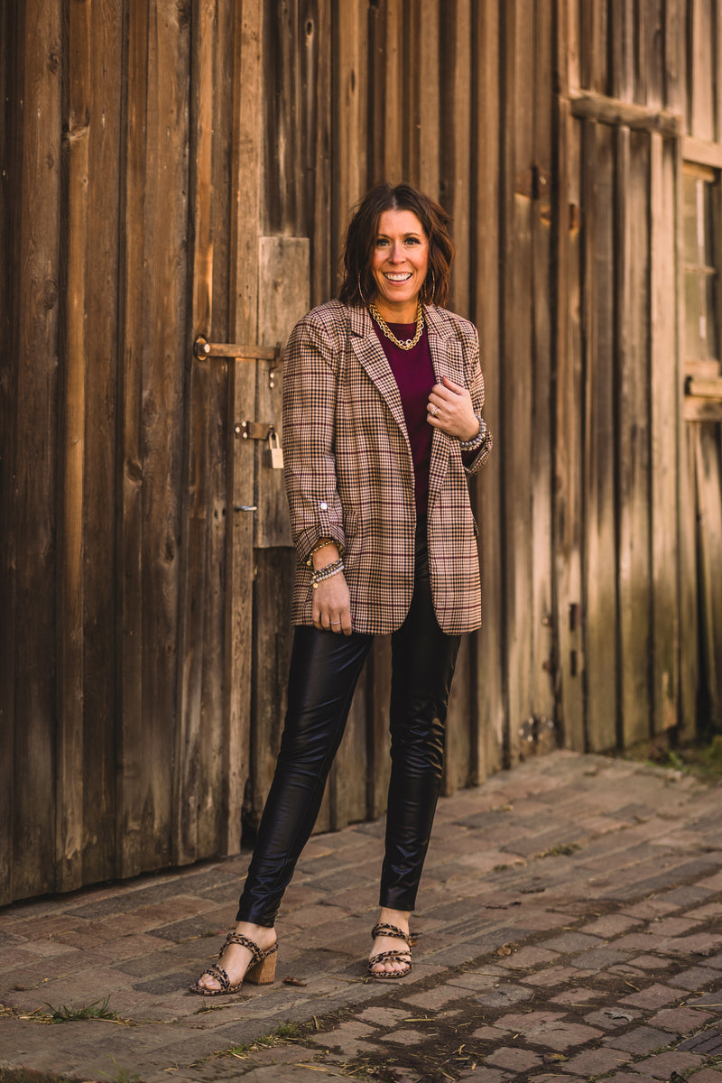 Camel + Wine Checkered Blazer