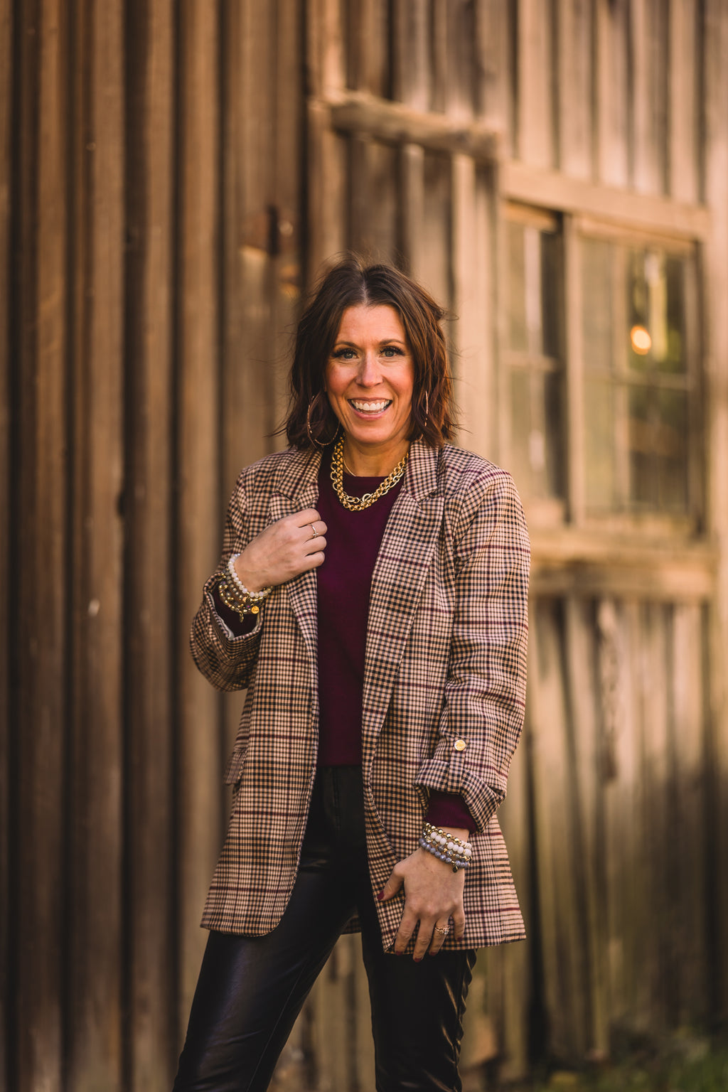 Camel + Wine Checkered Blazer