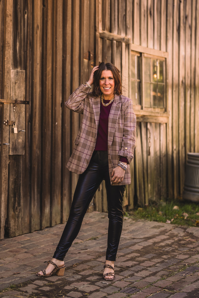 Camel + Wine Checkered Blazer