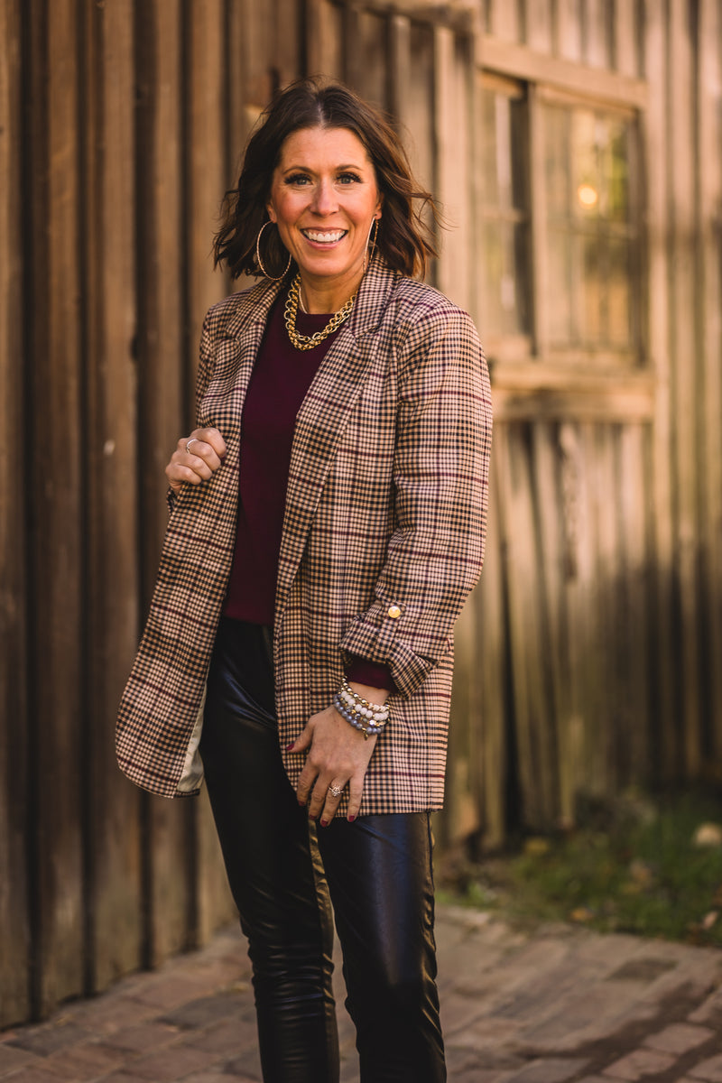 Camel + Wine Checkered Blazer