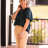 Dark Teal Satin Shimmer Round Neck Puff Sleeve S/S Blouse