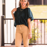 Dark Teal Satin Shimmer Round Neck Puff Sleeve S/S Blouse