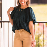 Dark Teal Satin Shimmer Round Neck Puff Sleeve S/S Blouse