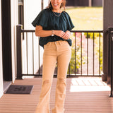 Dark Teal Satin Shimmer Round Neck Puff Sleeve S/S Blouse