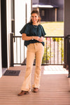 Dark Teal Satin Shimmer Round Neck Puff Sleeve S/S Blouse
