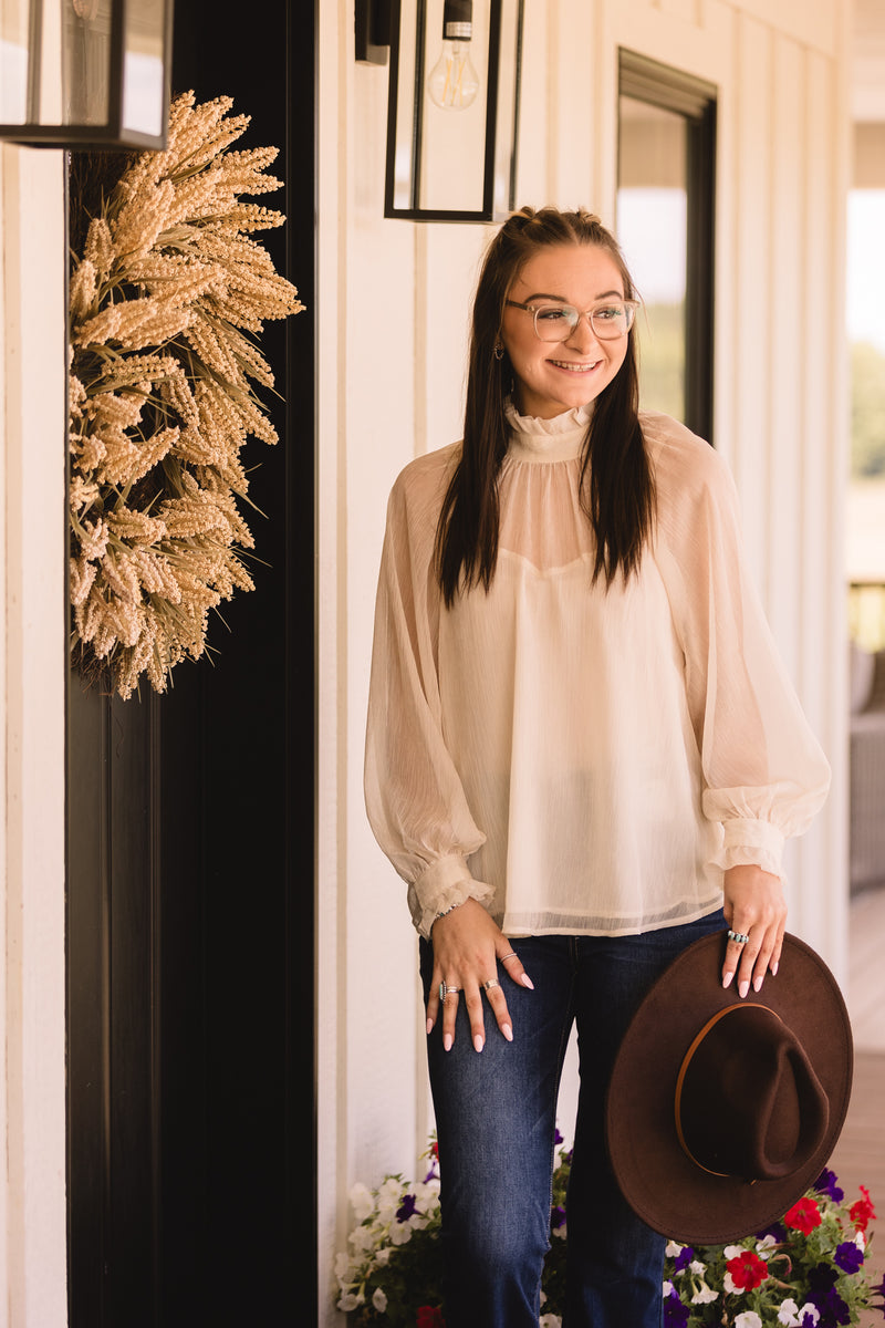 Cream Sheer High Ruffle Neck Blouse
