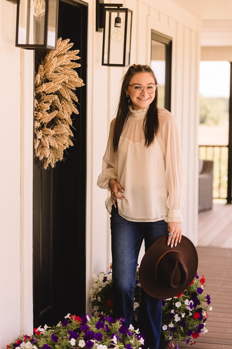 Cream Sheer High Ruffle Neck Blouse