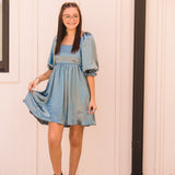 Sea Satin Square Neck 3/4 Sleeve Dress