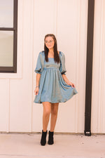 Sea Satin Square Neck 3/4 Sleeve Dress